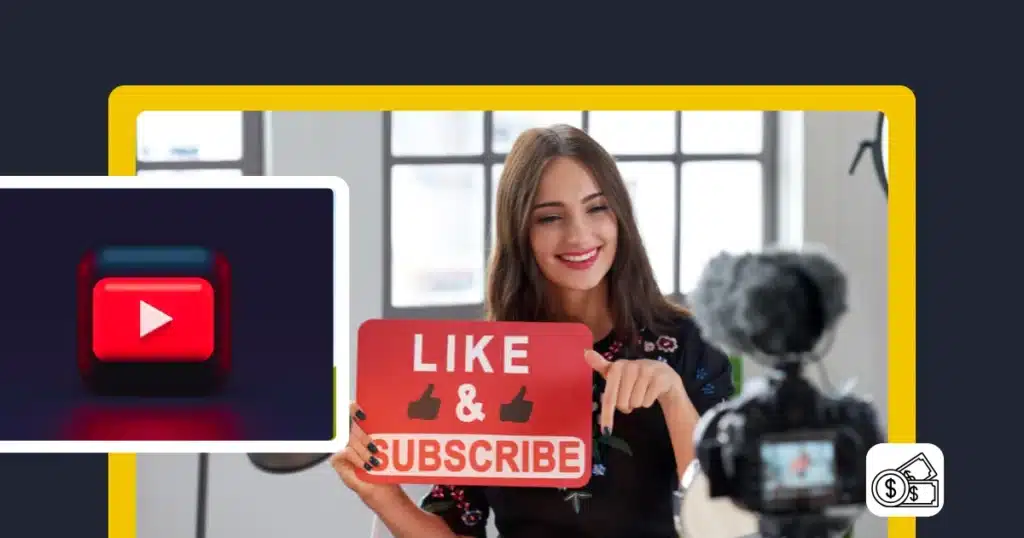YouTube creator recording a video at home while holding a “Like & Subscribe” sign, illustrating calls to action used to grow subscribers and engagement on YouTube.