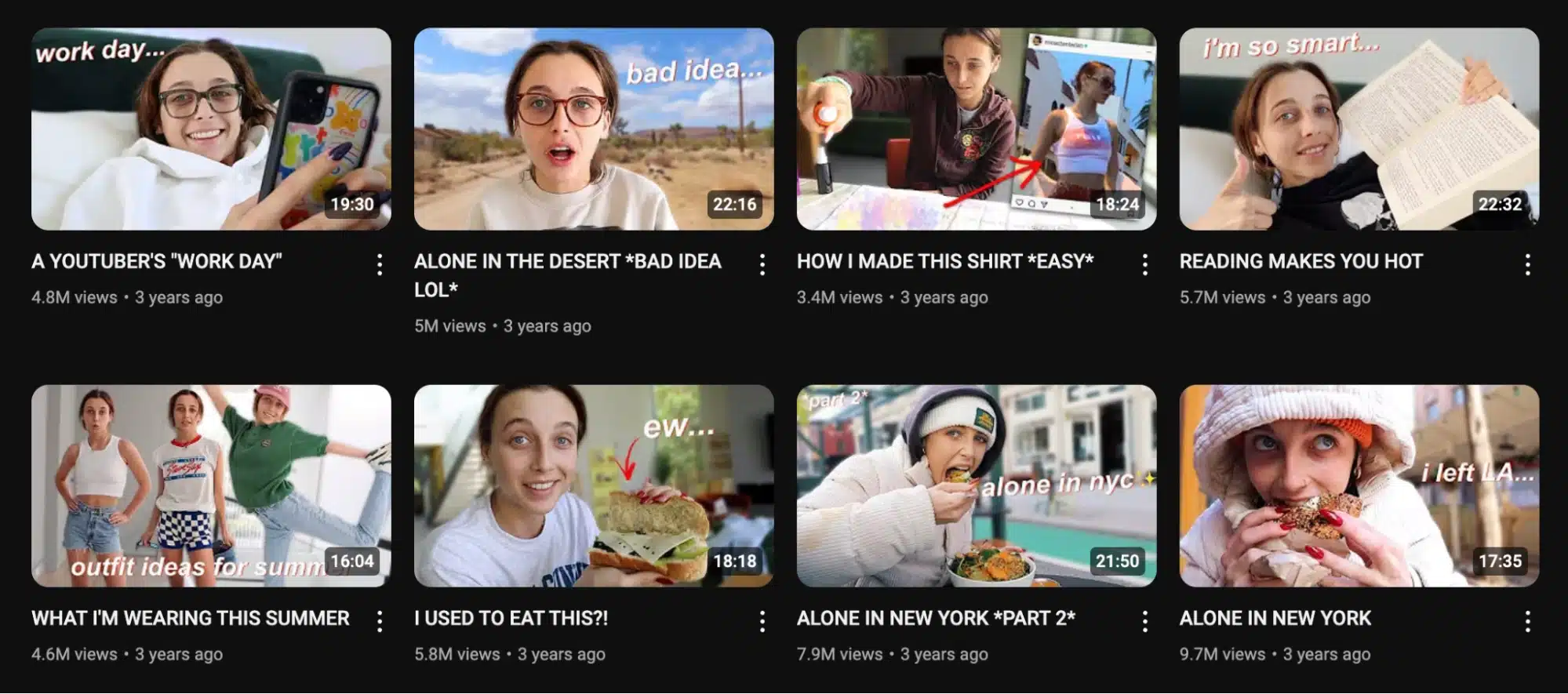 YouTube video grid from Emma Chamberlain’s channel shows eight thumbnails, each featuring casual, candid shots of Emma in everyday settings with expressive facial reactions and playful overlay text like “ew…,” “bad idea…,” and “reading makes you hot."