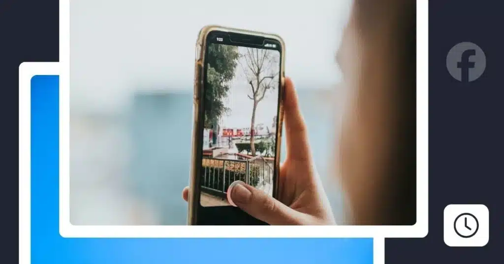 Illustration of a smartphone displaying a Facebook Story while someone records a scene outdoors. The graphic represents creating or sharing visual content through Facebook Stories.