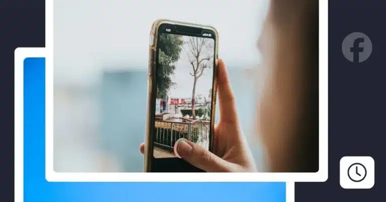 Illustration of a smartphone displaying a Facebook Story while someone records a scene outdoors. The graphic represents creating or sharing visual content through Facebook Stories.