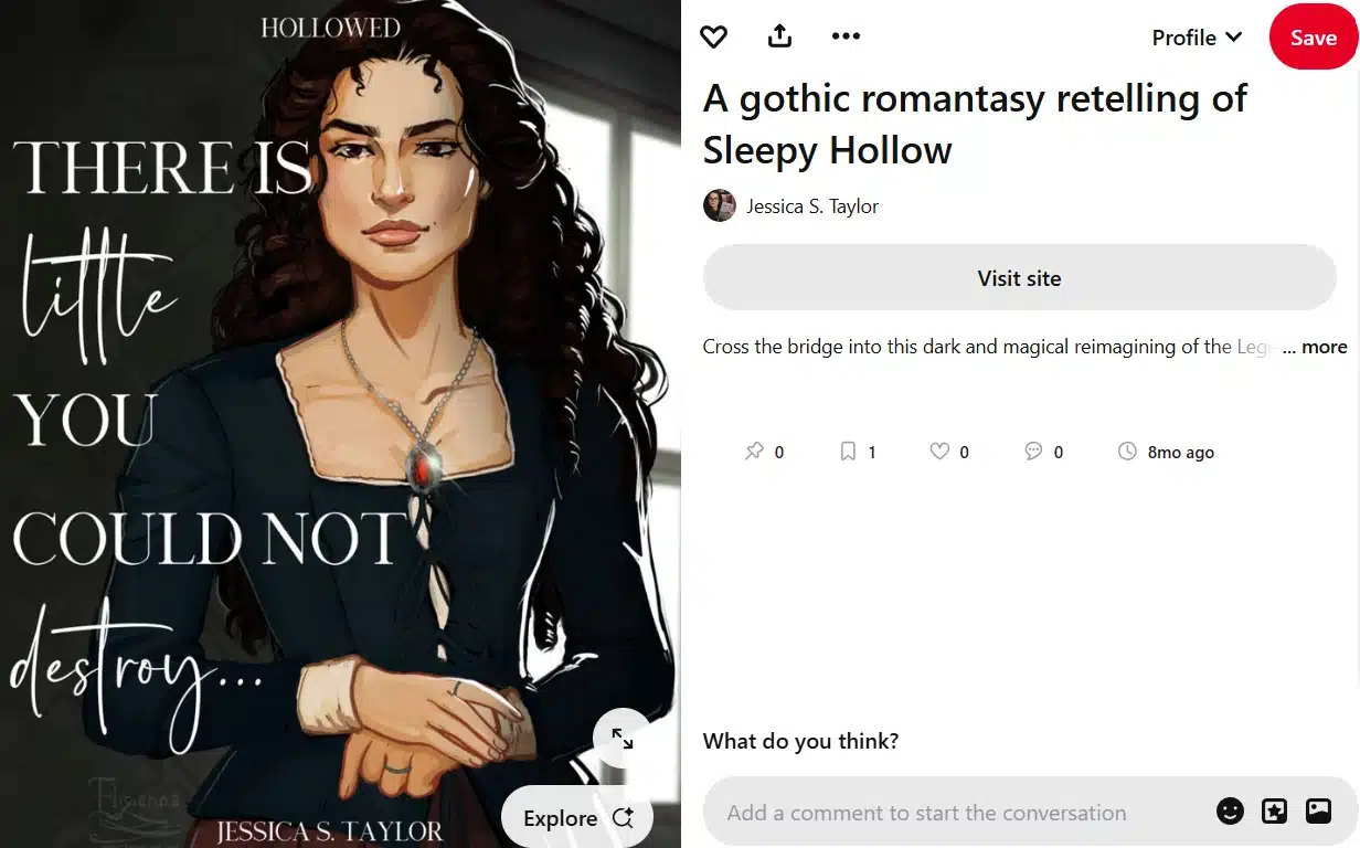 Pinterest article Pin from Jessica S. Taylor titled “A gothic romantasy retelling of Sleepy Hollow,” featuring an illustrated woman with long dark curly hair wearing a black dress and a pendant necklace. The pin includes the text “There is little you could not destroy...” alongside an article description and a “Visit site” button.