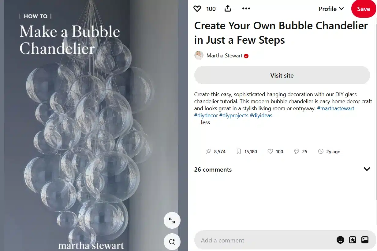 Pinterest Pin from Martha Stewart showing a DIY bubble chandelier tutorial, including the Pin title, description, engagement metrics, and a link to the tutorial website.