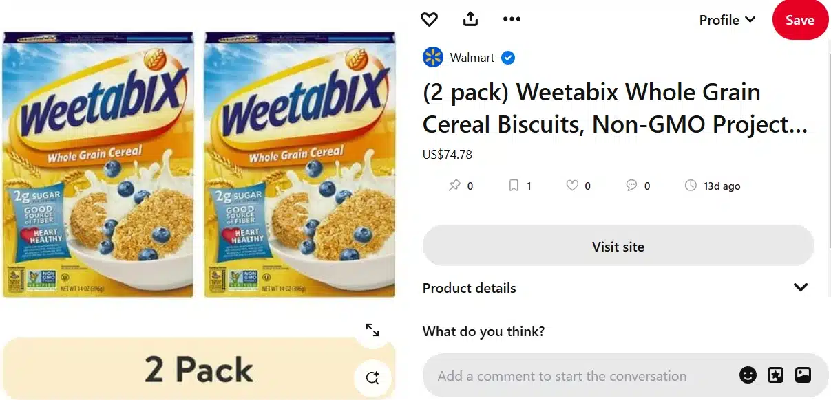 Pinterest Product Pin featuring a Walmart listing for a two-pack of Weetabix Whole Grain Cereal Biscuits. The product image shows two cereal boxes alongside a bowl of cereal topped with blueberries and milk. On the right side, the Pin details panel includes the Walmart seller profile, product title, price, engagement metrics, a “Visit site” button, product details section, and comment area. This example illustrates Pinterest’s shopping-focused Product Pin format with integrated retailer information and purchase links.
