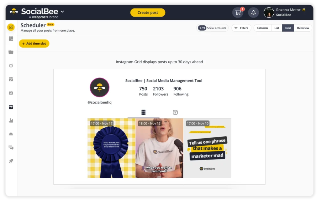 SocialBee’s Scheduler showing the Instagram Grid view for the @socialbeehq account, with three scheduled posts displayed and options to add time slots or switch between calendar, list, and overview views.