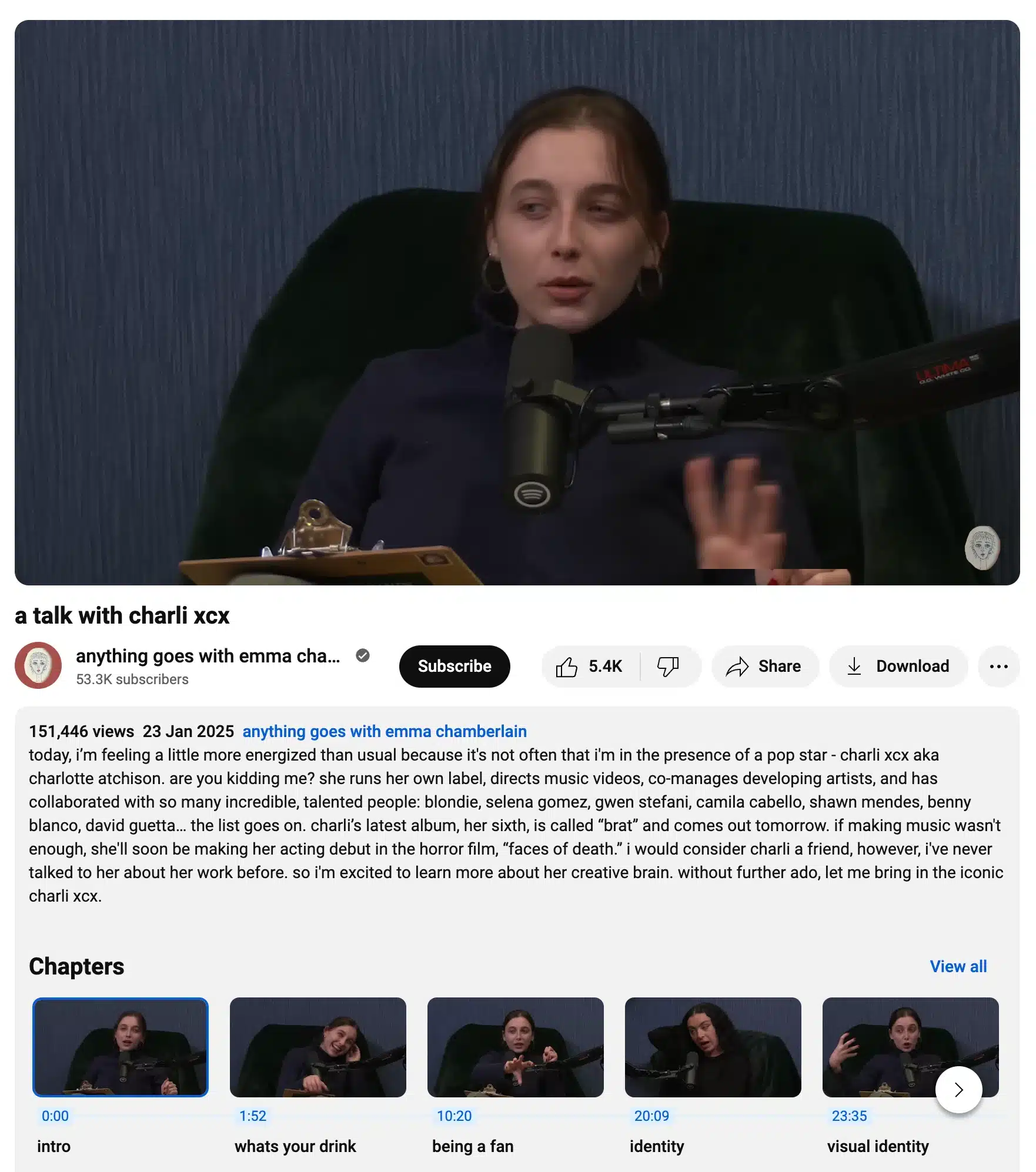 YouTube video page showing Emma Chamberlain interviewing Charli XCX on the podcast “Anything Goes,” with the video player, channel details, view count, description, and chapter timestamps visible, used to illustrate how YouTube chapters structure long-form interview content for better navigation and viewer engagement.