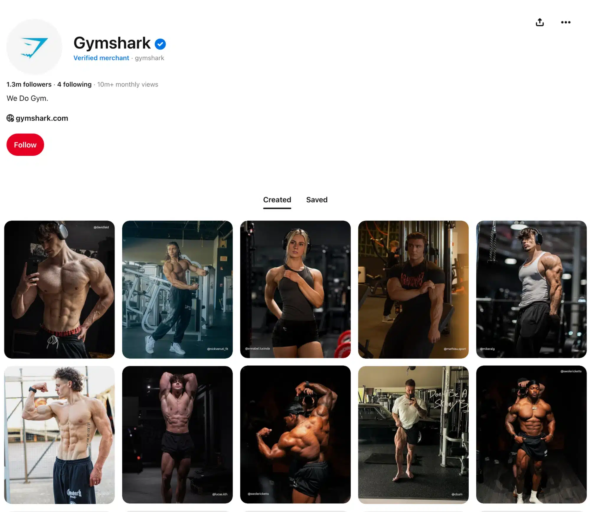 Pinterest profile page for Gymshark showing a grid of fitness and bodybuilding photos, with muscular athletes posing or training in gym settings under the Gymshark brand.