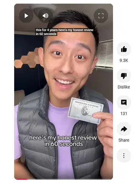 A smiling man in a gray vest and purple shirt holds up an American Express Platinum card, with text overlay reading "here's my honest review in 60 seconds."