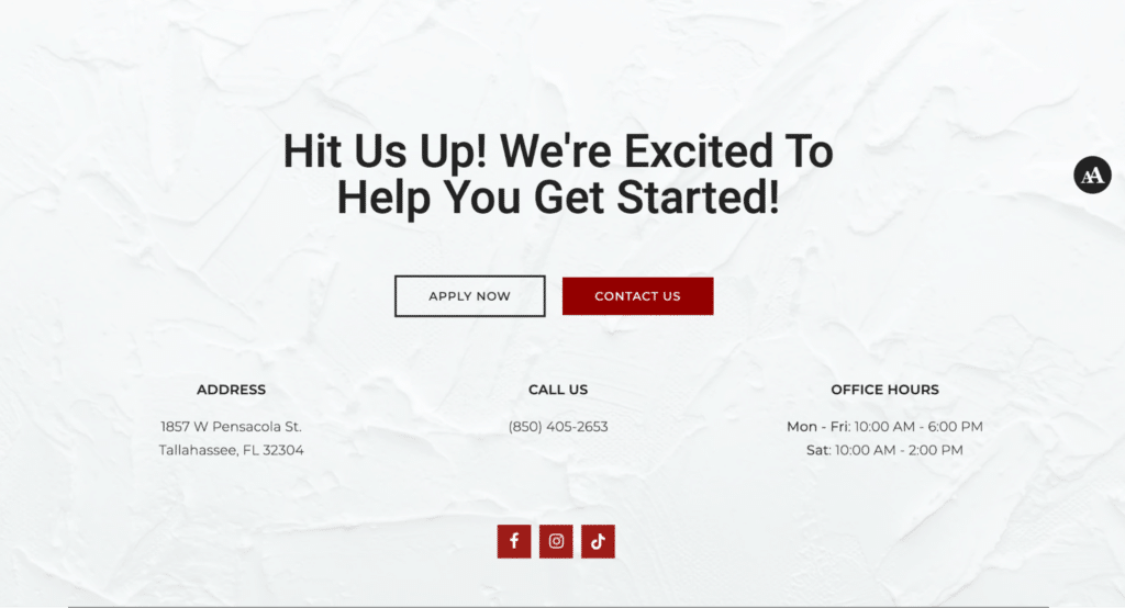 Contact section of Arive 850 website with 'Apply Now' and 'Contact Us' buttons, location address, phone number, office hours, and social media icons on a light textured background.