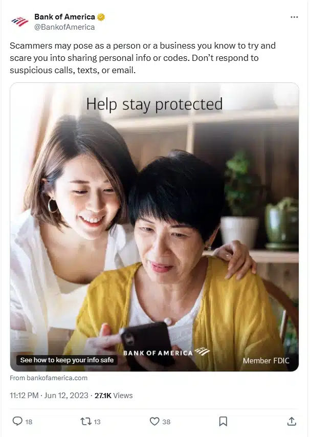 An older woman and a younger woman smile while looking at a smartphone together, with overlay text saying “Help stay protected.” The tweet warns about scammers posing as trusted contacts.