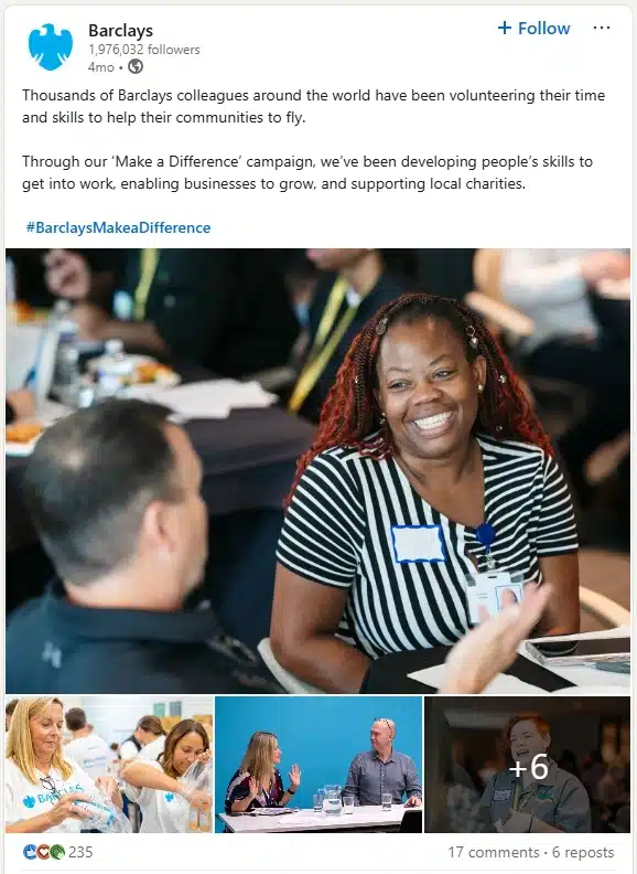 A cheerful woman sits at a table during a community event, surrounded by others, as part of Barclays’ “Make a Difference” campaign supporting local volunteering and charities.