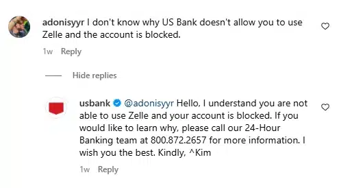 A customer comment on Instagram questioning a Zelle block is met with a polite and informative response from US Bank's social team, directing the user to a support line for more details. 