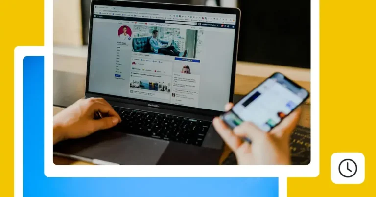 Person using a laptop and smartphone to manage a Facebook profile page