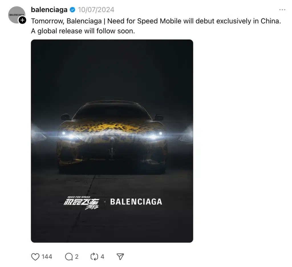 Threads post by Balenciaga announcing the debut of "Need for Speed Mobile" exclusively in China, with a sleek car image featuring Balenciaga and Need for Speed logos.