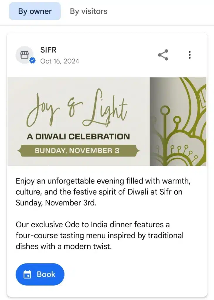 Promotional post by SIFR for a Diwali celebration event on Sunday, November 3rd, featuring a four-course Indian tasting menu. The design includes the event name 'Joy & Light' and a call-to-action button to book.
