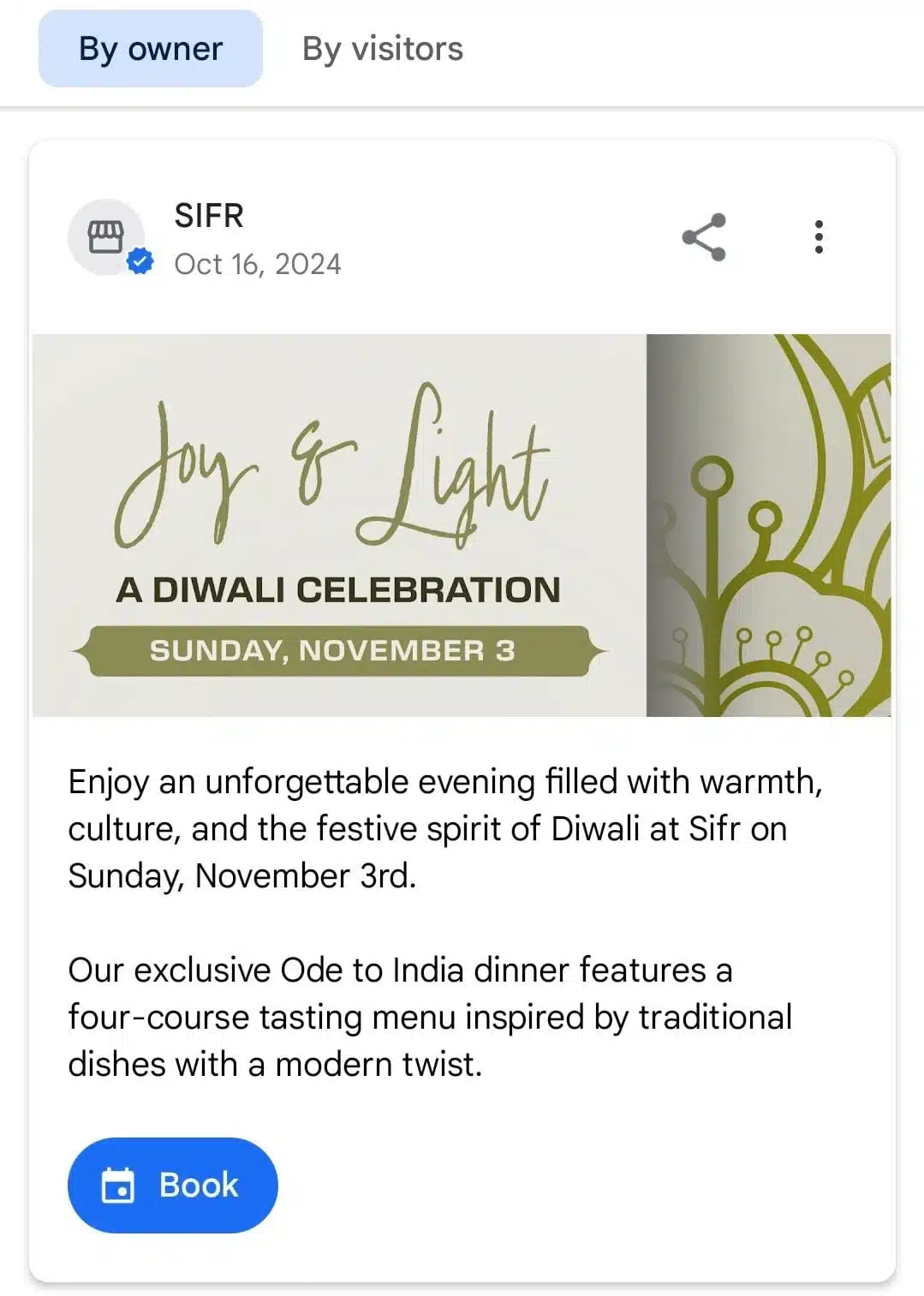 Promotional post by SIFR for a Diwali celebration event on Sunday, November 3rd, featuring a four-course Indian tasting menu. The design includes the event name 'Joy & Light' and a call-to-action button to book.