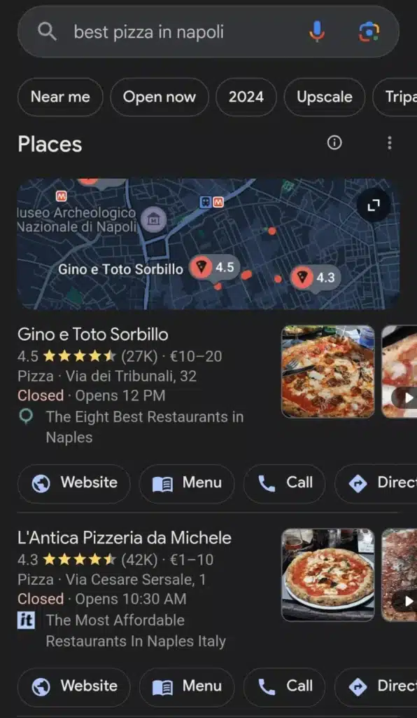 Google Maps search results for 'best pizza in Napoli' showing listings for 'Gino e Toto Sorbillo' and 'L’Antica Pizzeria da Michele' with ratings, pricing, opening times, and preview photos of pizza.