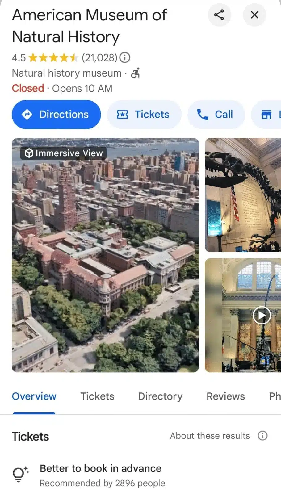 Google Business Profile for the American Museum of Natural History with a 4.5-star rating, immersive view thumbnail, and ticket booking options. A note mentions that 2,896 people recommend booking in advance.