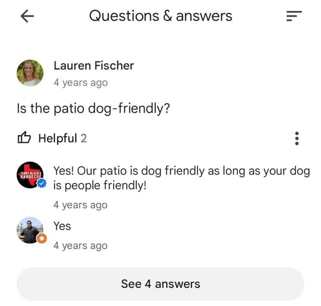 Question on Google Business Profile asking if the patio is dog-friendly. The business replies, confirming it's dog-friendly as long as the dog is people-friendly, with another user simply responding 'Yes.'