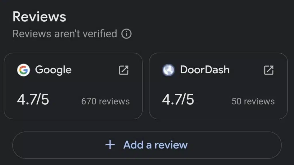 Review summary showing a 4.7/5 rating from 670 Google reviews and 50 DoorDash reviews. Note above indicates that reviews aren’t verified.