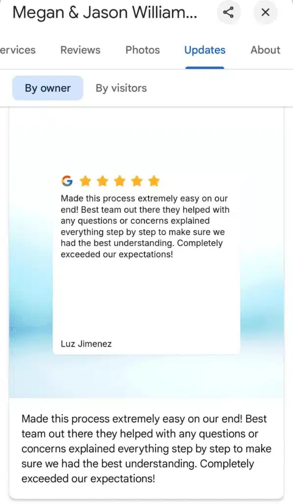 Update post by Megan & Jason Williams Real Estate Team showcasing a 5-star Google review from a client named Luz Jimenez, praising their easy process and clear communication.