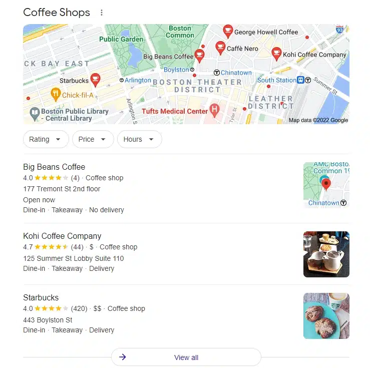 Google Local Pack results for coffee shops near Boston Common, displaying a map with locations and listings for Big Beans Coffee, Kohi Coffee Company, and Starbucks, including ratings, addresses, and service options.
