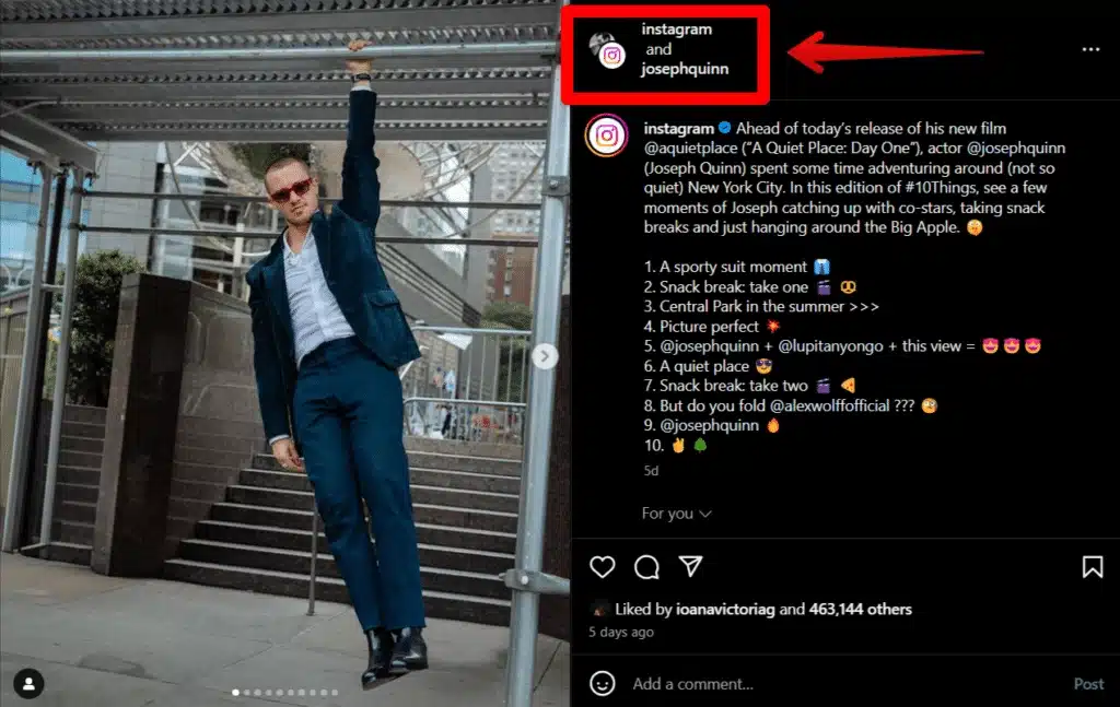  Instagram post by @instagram tagging @josephquinn. Joseph Quinn hangs from a metal bar in a stylish suit. Post caption mentions “10 Things” series and snack breaks in NYC.