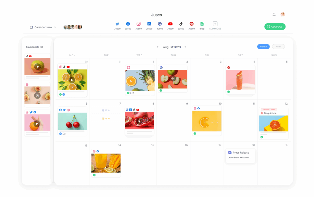 Monthly social media content calendar in Planable, showing scheduled posts across platforms including X (Twitter), Facebook, Instagram, LinkedIn, TikTok, YouTube, Pinterest, and the company blog.