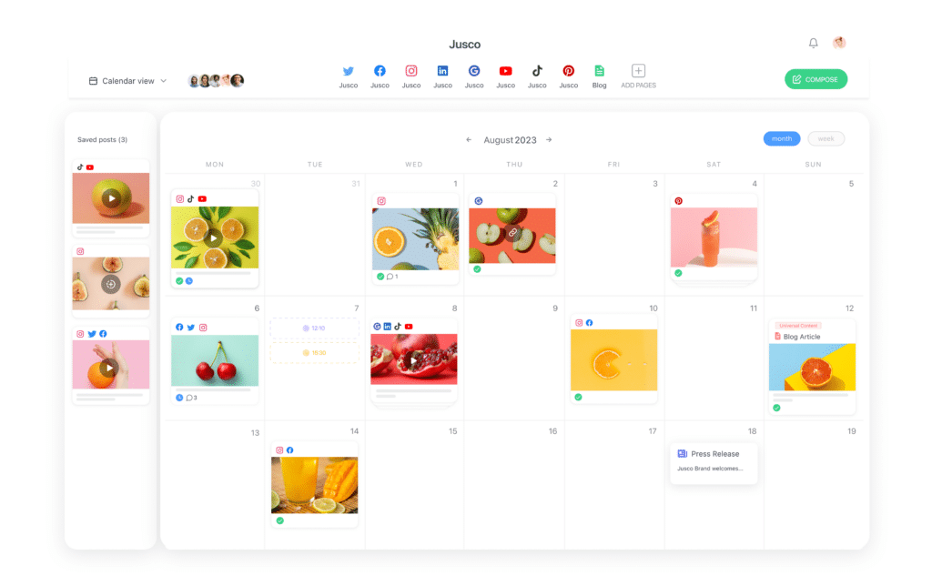 Planable's content calendar, showing scheduled posts with images of fruits across platforms like Instagram, TikTok, YouTube, and Pinterest.