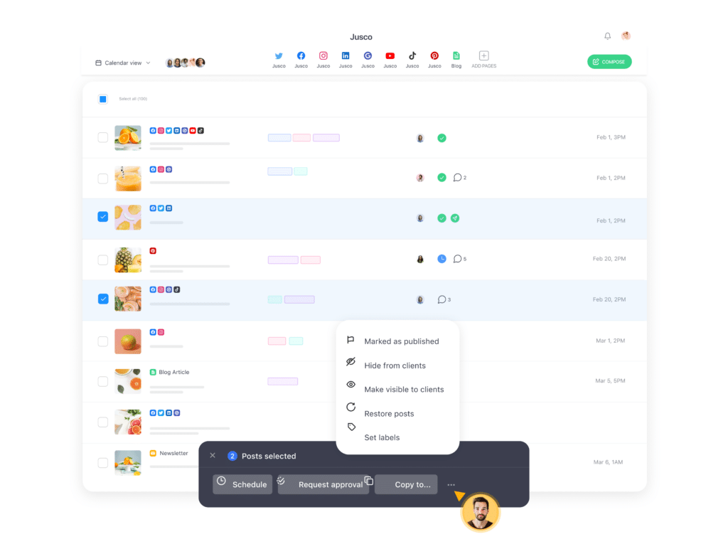 Social media content list view showing scheduled posts with thumbnails, platforms, approval status, comments, and timestamps, alongside bulk action options like scheduling, approval requests, and visibility settings.