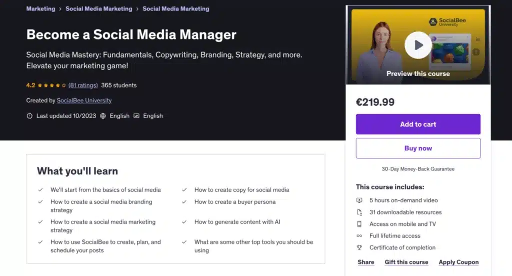 Captura de pantalla de un curso Udemy titulado “Conviértete en Social Media Manager” de la Universidad SocialBee, con un precio de 219,99 euros.  