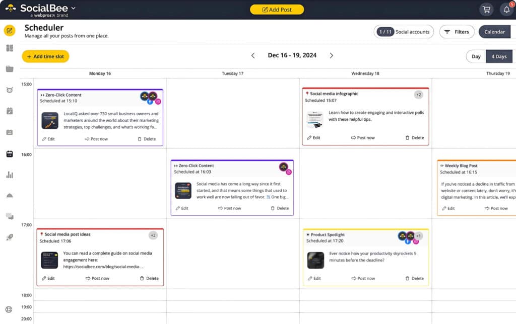 SocialBee Scheduler view showing a weekly calendar with categorized social media posts like blog posts, product spotlights, and content tips scheduled by time slots.
