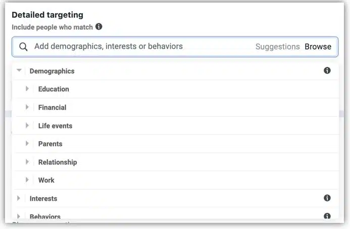 Facebook Ads Manager interface showing detailed targeting categories like demographics and interests.