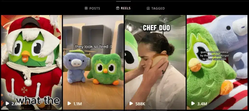  Four Instagram Reels featuring the Duolingo owl plush in various comedic or playful scenes, including a holiday outfit, tired look with another plush, a cooking skit titled "Chef Duo," and a sunburnt plush owl with text overlay. Views range from 588K to 3.4M.