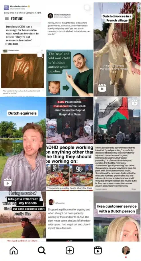 Instagram Explore feed at 10:44 AM showing a variety of trending posts and reels, including memes, political commentary, ADHD content, and Dutch culture humor.