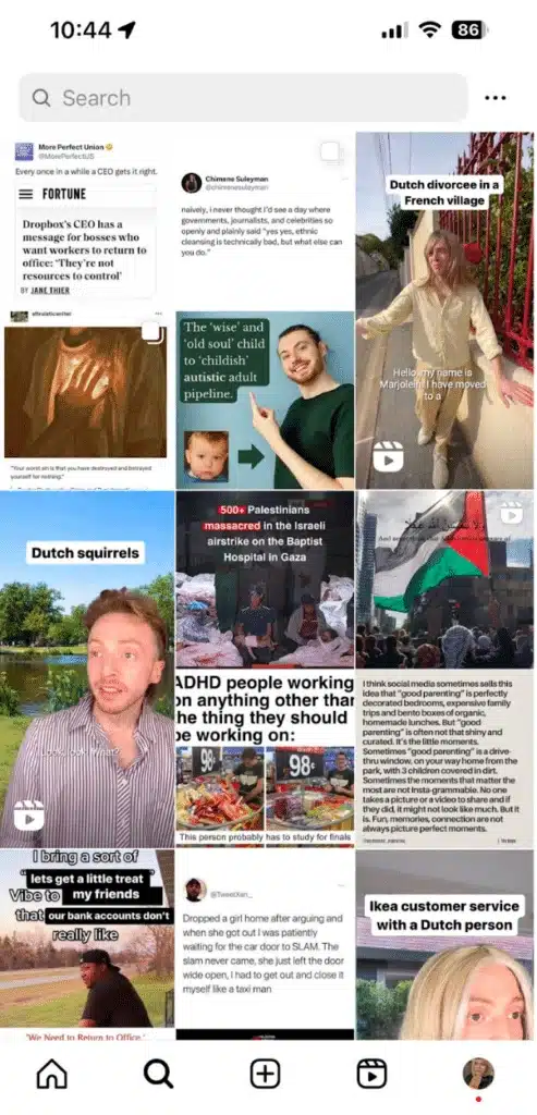 Instagram Explore feed at 10:44 AM showing a variety of trending posts and reels, including memes, political commentary, ADHD content, and Dutch culture humor.