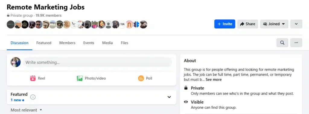 Facebook group page for remote marketing jobs with 19.9K members and discussion tabs.