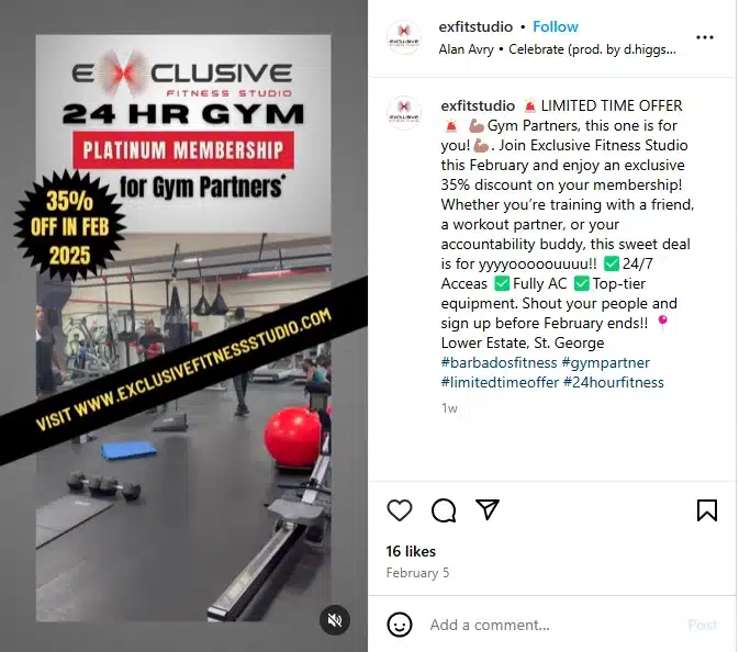 Post de Instagram de @exfitstudio promocionando un 35% de descuento en Abonos Platino para socios del gimnasio en Exclusive Fitness Studio durante febrero de 2025.  