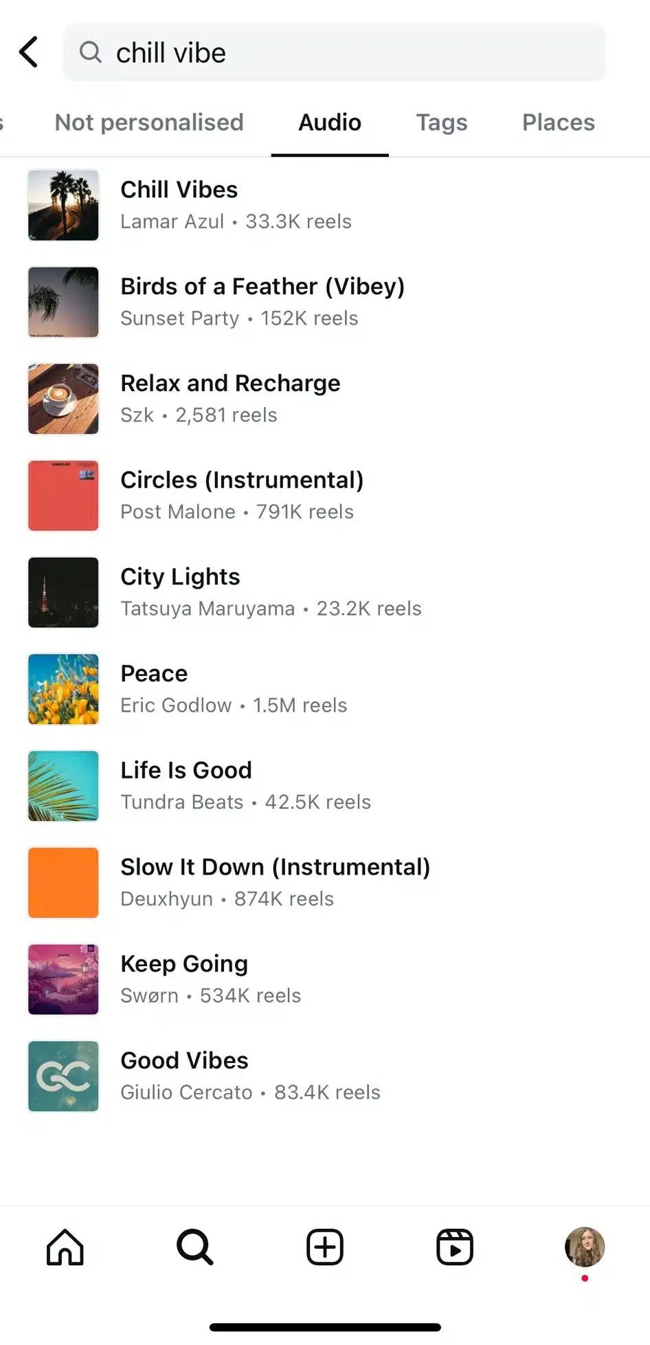 search page for Instagram audio