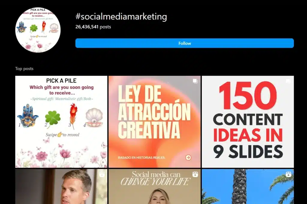 Instagram hashtag page for #socialmediamarketing showing 26.4M posts. Top posts include tarot-inspired content, motivational quotes, and carousel with “150 content ideas in 9 slides.”