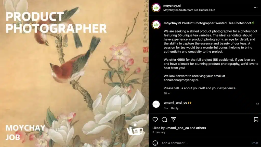  Instagram post seeking a product photographer for Moychay to shoot tea varieties