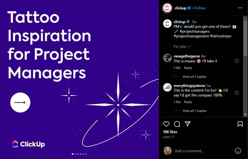  Instagram carousel by ClickUp with a bold purple background and text “Tattoo Inspiration for Project Managers.” Caption jokes about PMs choosing tattoos and features user comments engaging with the concept.