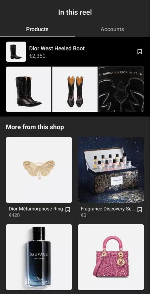 List of products on Dior Instagram shop
