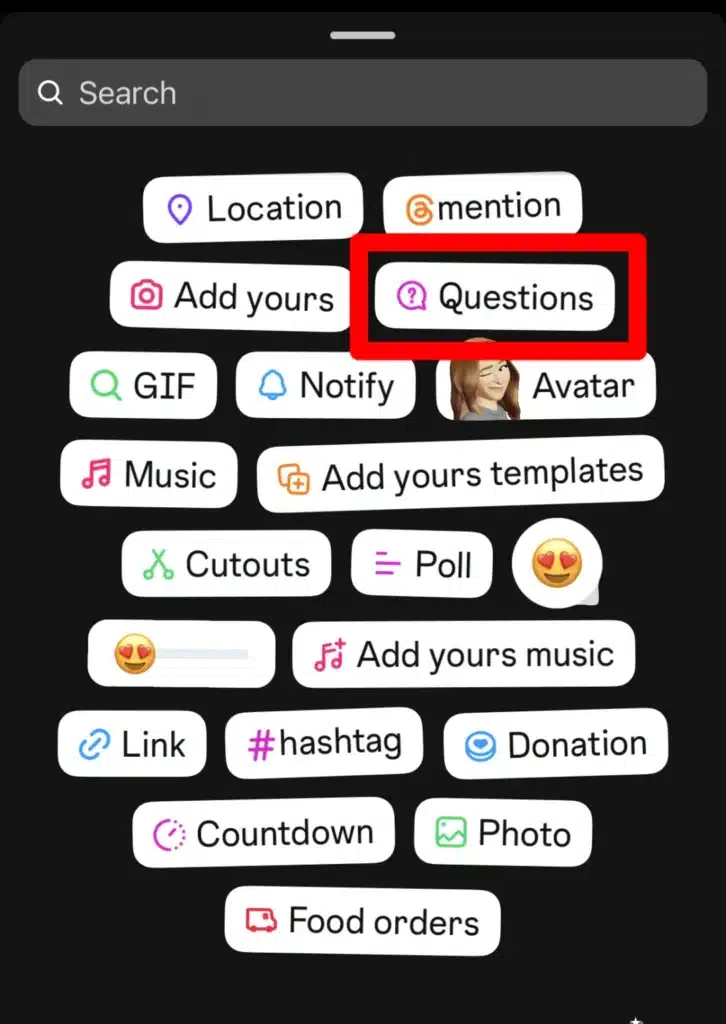 A selection screen showing various Instagram story stickers including Questions (highlighted), Poll, GIF, Music, Add Yours, Hashtag, and more, with colorful icons and labels on a dark background.