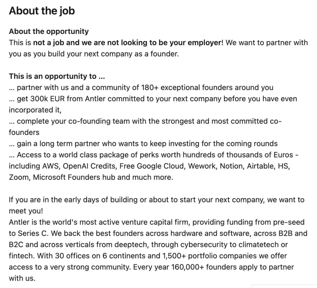 Antler job post looking for founders, not employees, with funding and startup support.