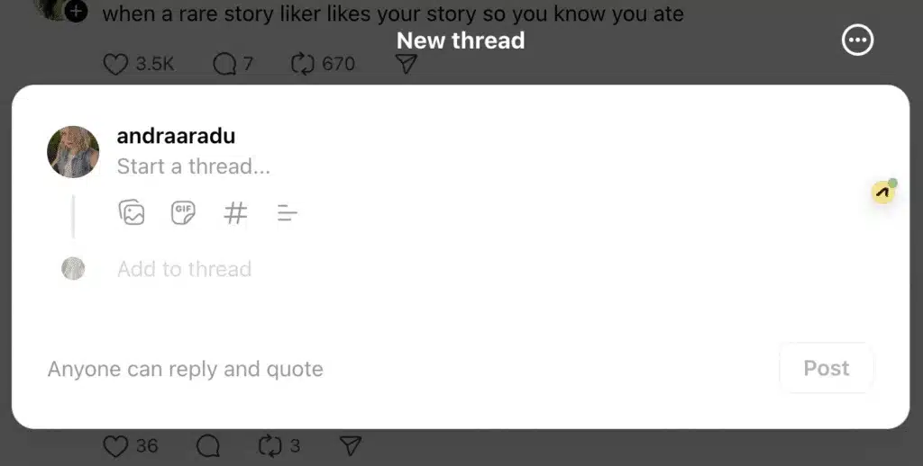 Threads post creation screen with a blank input field where the user can start a new thread, including options to add a GIF, hashtag, or align text.