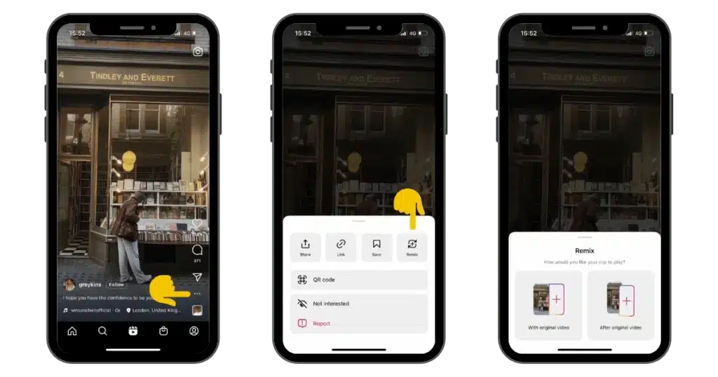 Step-by-step visual guide showing how to remix an Instagram Reel. Three phone mockups display: (1) tapping the three dots, (2) selecting “Remix,” and (3) choosing whether to play the remix alongside or after the original video.