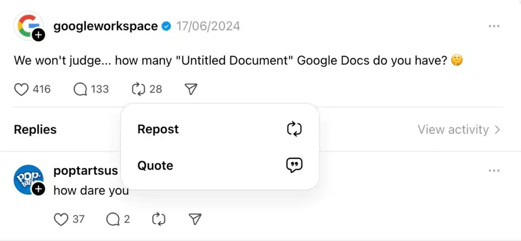 Threads post by Google Workspace asking about “Untitled Documents” with a popup menu offering “Repost” and “Quote” options.