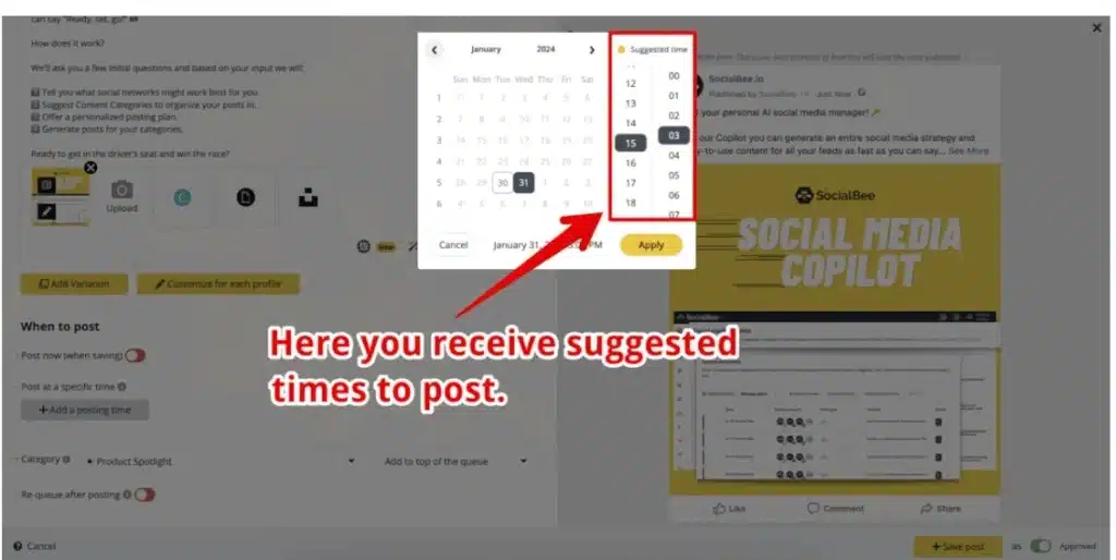 SocialBee post scheduling interface with a calendar popup displaying suggested times to post, highlighted by a red arrow and label.