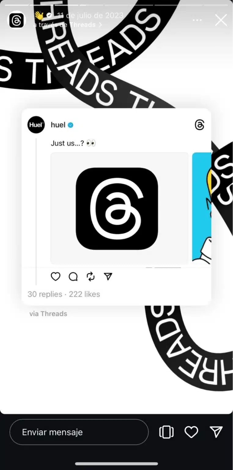Instagram Story view showing a Threads post by Huel with the Threads logo and the caption “Just us…?” over a black and white background.