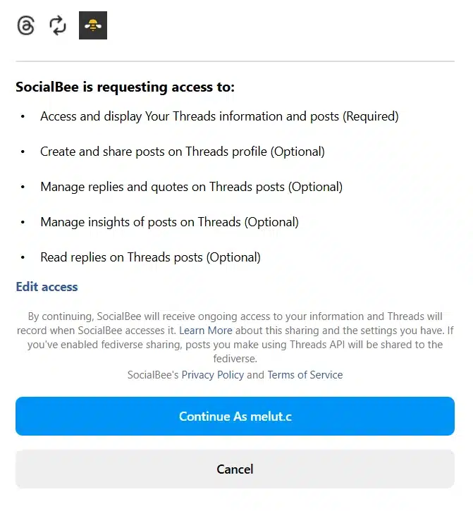 Threads permissions screen asking the user to allow SocialBee to access and manage their Threads posts, with options to continue or cancel.